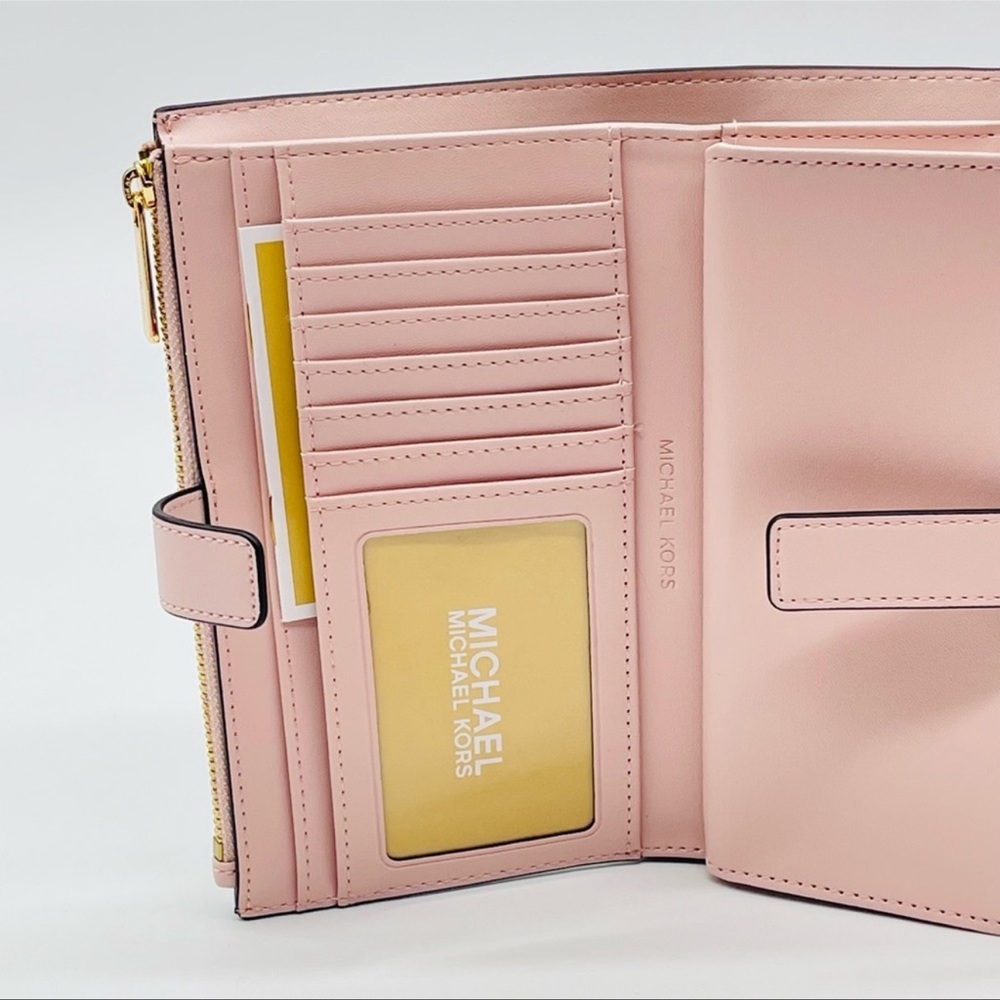 Michael Kors Large Double Zip Wallet Wristlet Leather Rich Brown/Light Pink - Picture 7 of 8